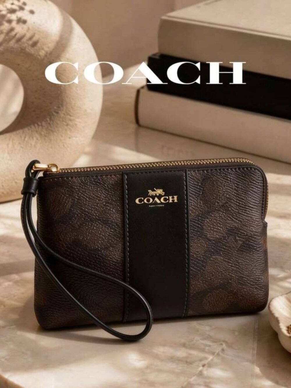 COACH Corner Zip Wristlet In Signature Canvas With Stripe
